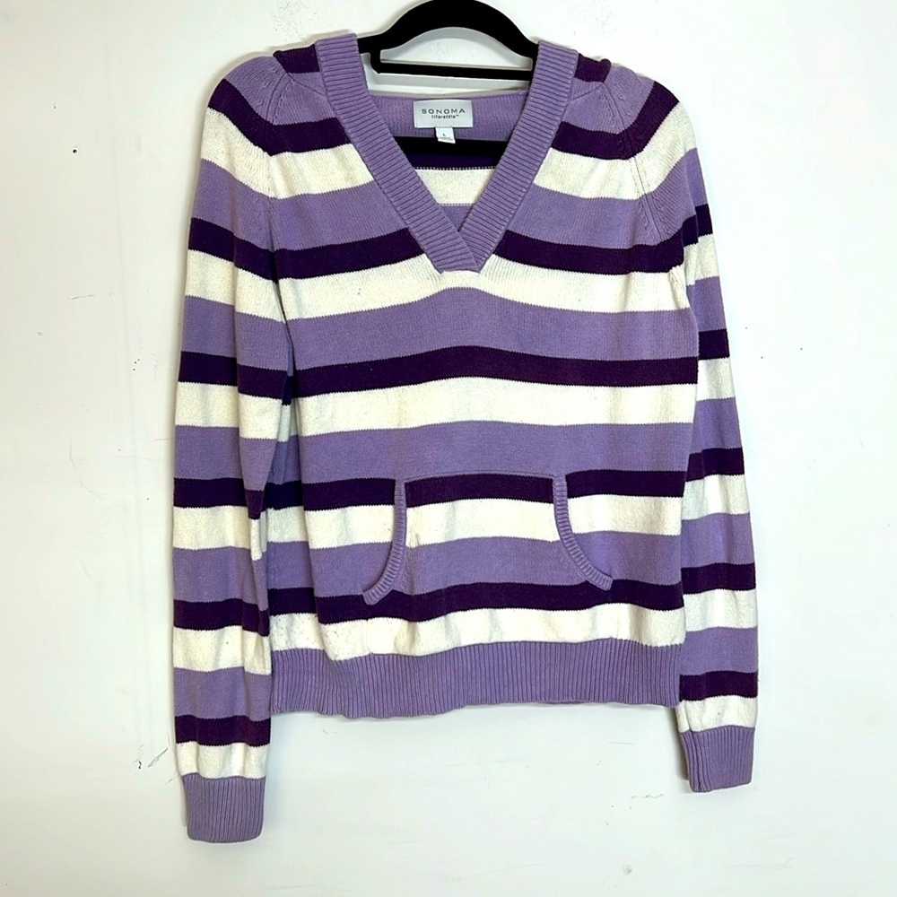 🌞 Sonoma Life & Style purple striped v-neck knit hoodie kangaroo pockets women L
